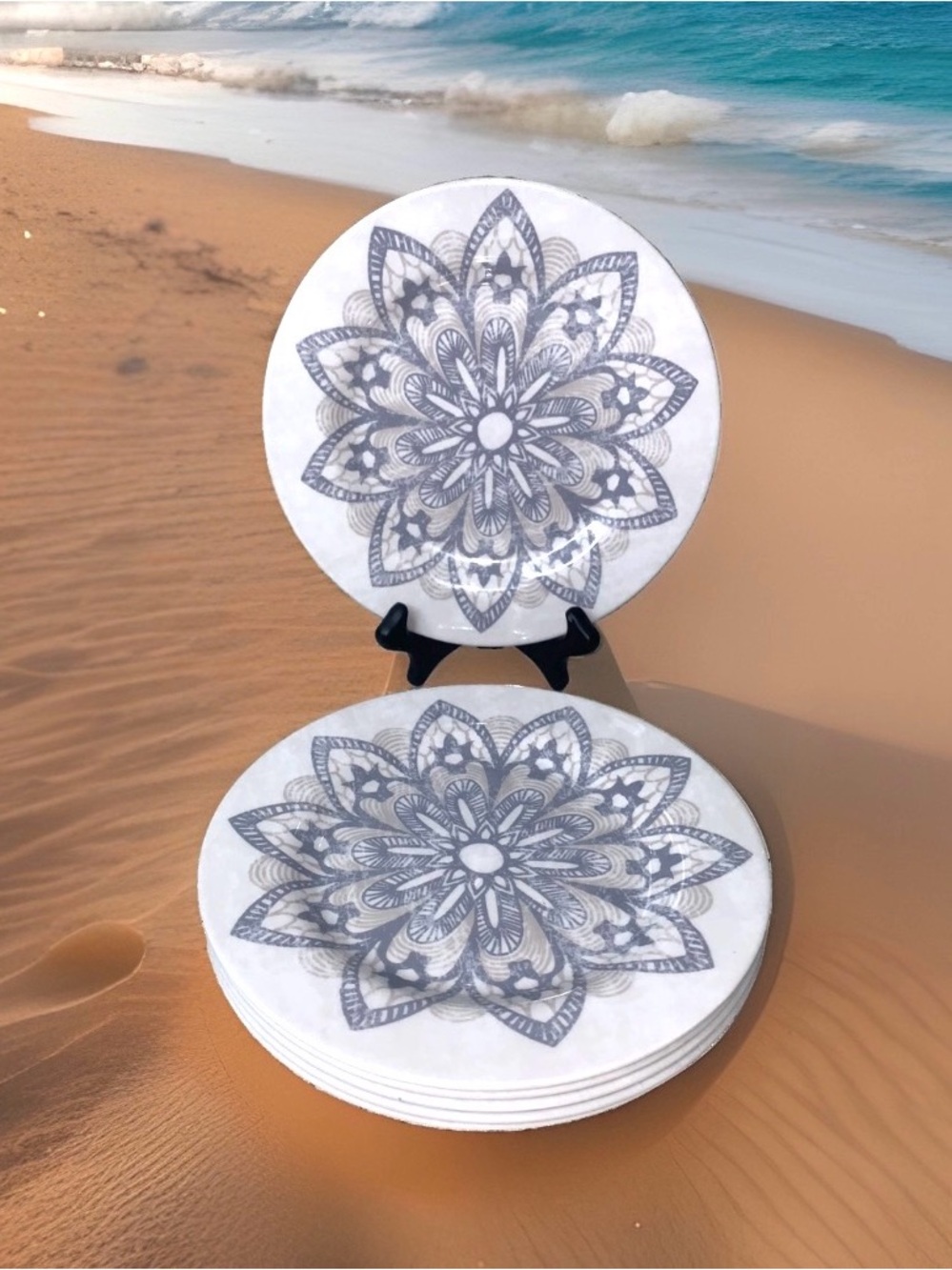 6 Stephan Roberts Melamine Plates Dahlia Floral Blues/White Medallion 8"
